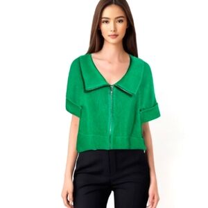 Kenneth Cole Reaction cotton bl kelly green full zip cropped knit sweater top XS